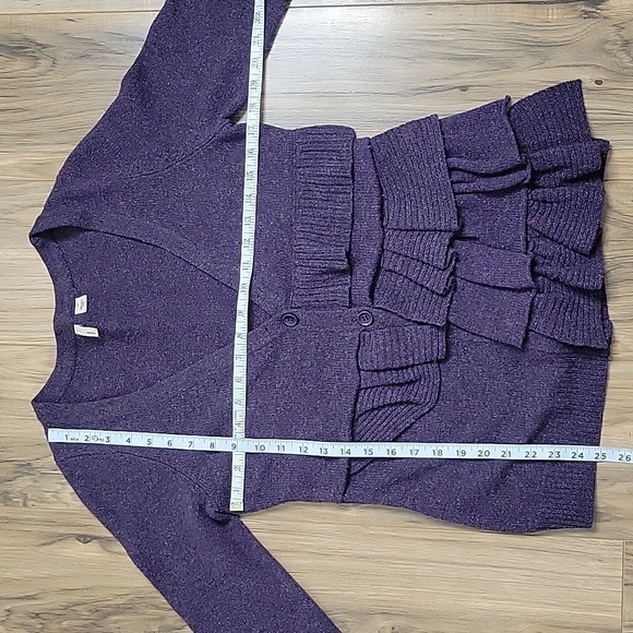 Anthropologie Moth Purple Wool Asymetrical Ruffle Button Up Cardigan - Picture 10 of 15